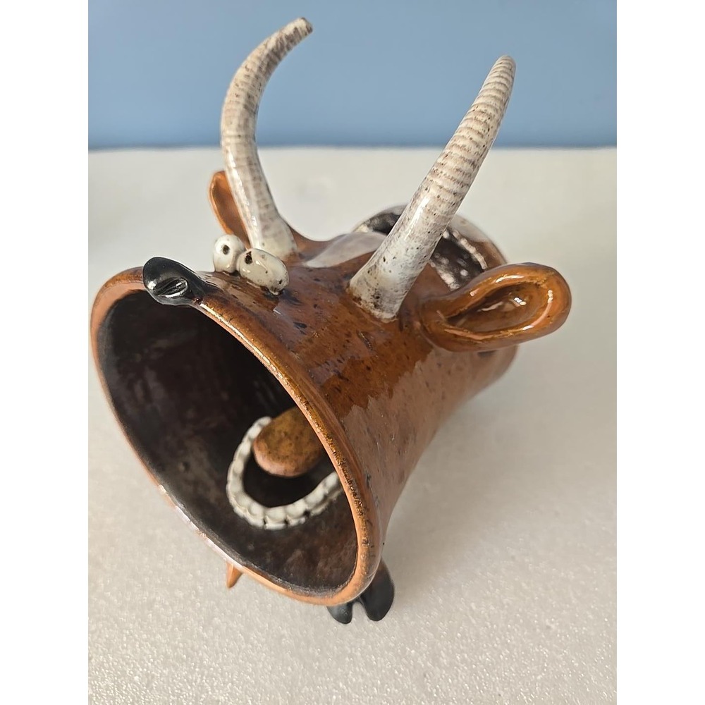 Vintage Studio Pottery Bull Head Bell Handmade Ceramic Folk Art Brown Glaze